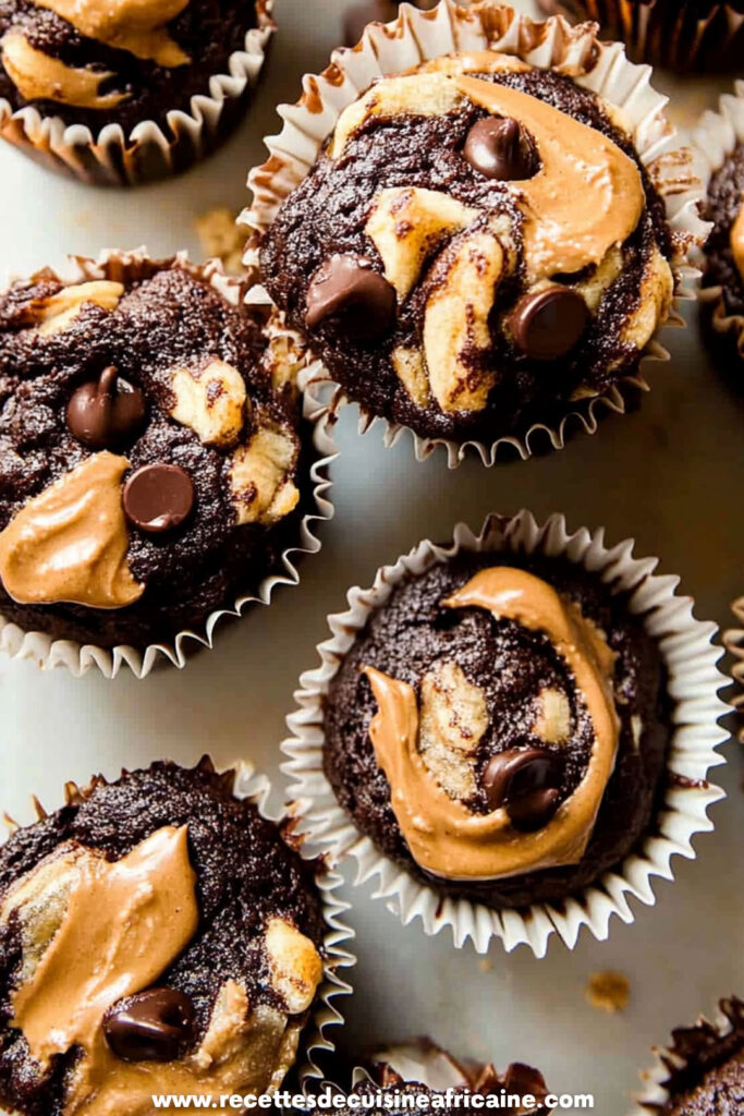 MUFFINS CHOCOLAT BANANE AVEC TOURBILLON DE BEURRE DE CACAHUÈTE